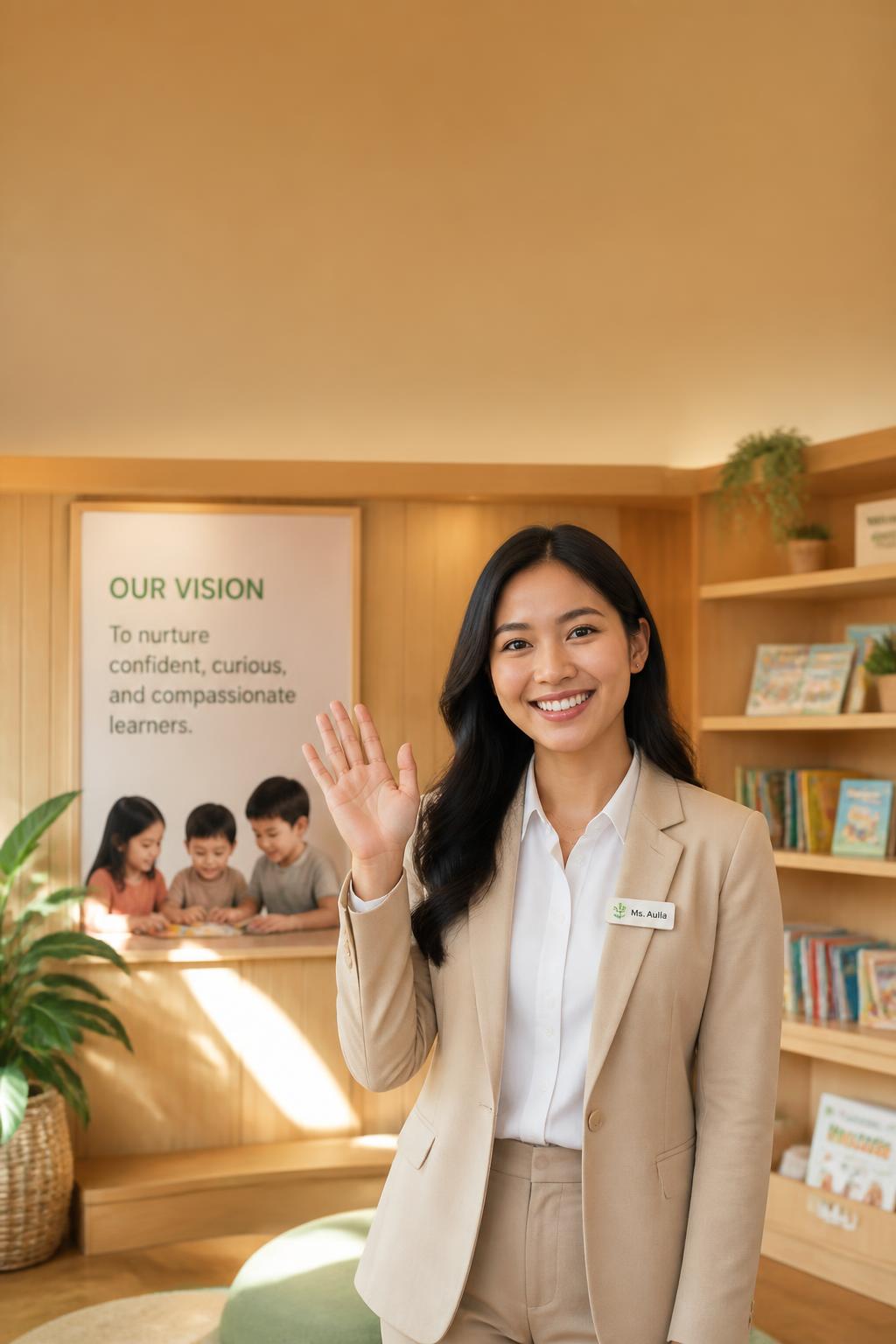 Cia, AI Learning Concierge Ceria Juara, menyambut orang tua di pusat belajar